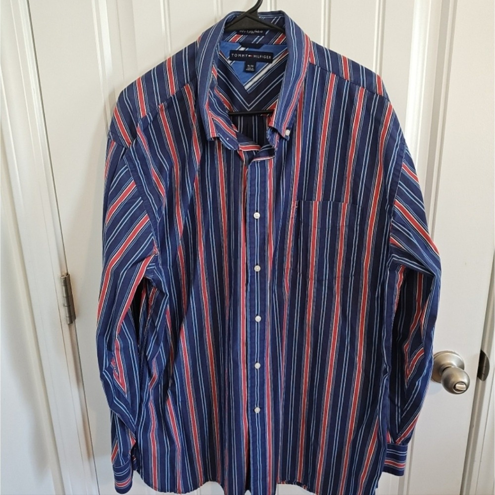 Tommy Hilfiger Men Shirt XL Long Sleeve Button Down Blue Red Striped 80s 2-Ply